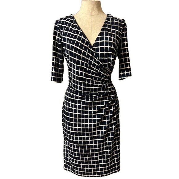 Connected Dress 8 Navy Blue Ivory Check Short Sleeve Stretch Sheath Washable - Picture 2 of 7